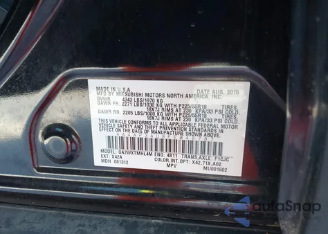 2015 Mitsubishi Outlander Sport Es z USA, uszkodzony, nr VIN 4A4AP3AU8FE048787